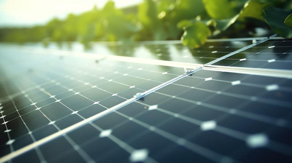 solar panel grid with green trees in background