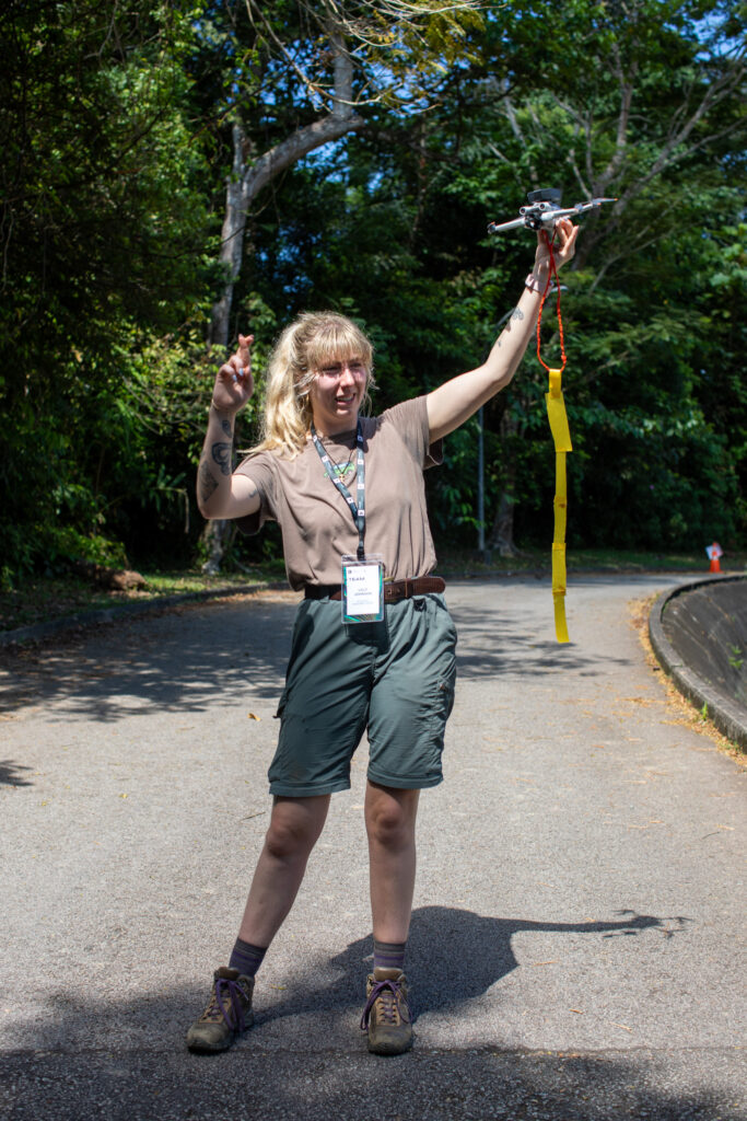 In a last-ditch attempt to collect an
insect from the forest, botanist Lilly
Johnson prepares to send a drone
trailing sticky tape into the trees.
