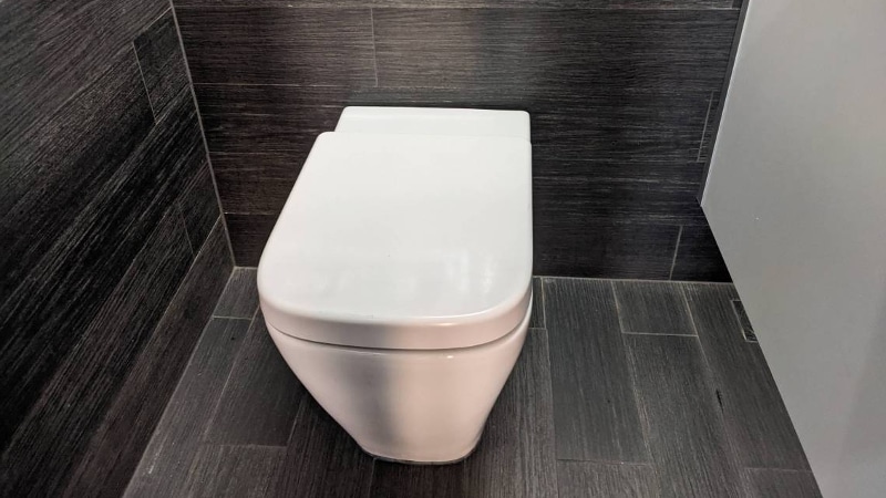 A toilet in a public stall