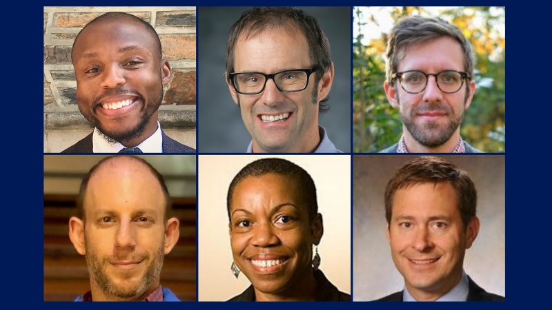 New Bass Fellows, clockwise from top left: Lamonte Aidoo, Mike Bergin, James Chappel, Joel Collier, Charmaine Royal and Harris Solomon