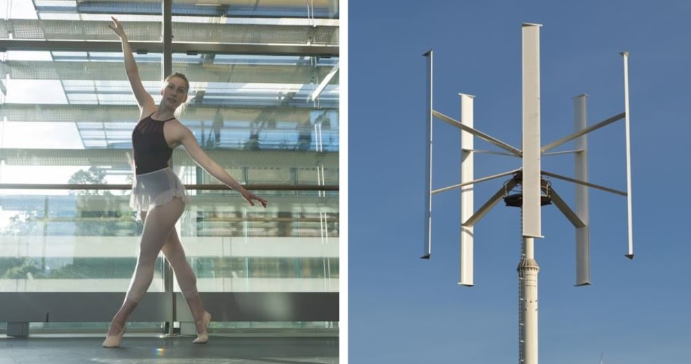 Katie VanderKam's experience as a dancer and choreographer (left) helped her visualize wind flowing through vertical axis wind turbines (right).