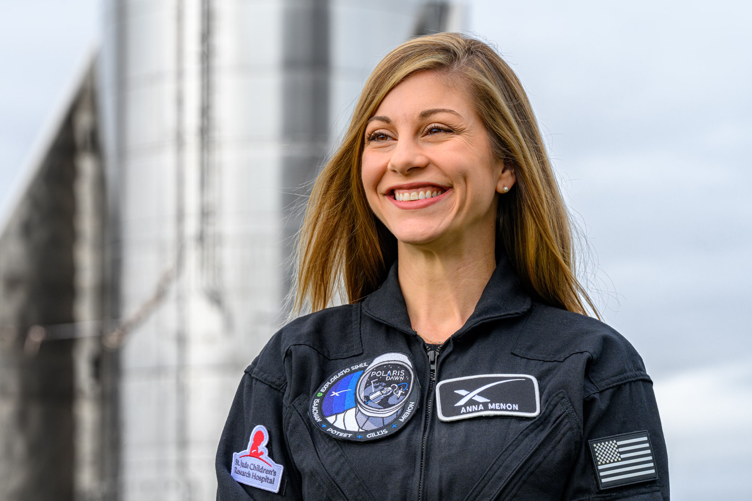 Anna Wilhelm Menon in SpaceX uniform