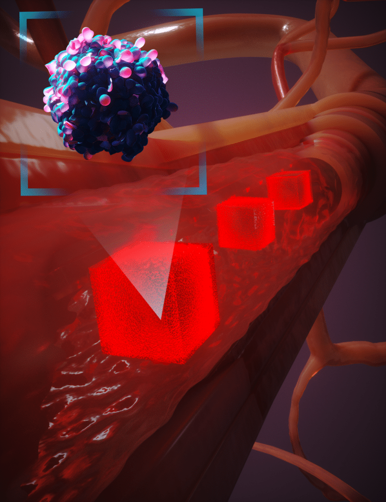 artistic depiction of a tumor cell outside of a blood vessel with cubes outlined within them