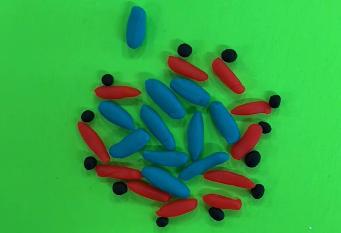 a bunch of long, cylindrical blue pieces of clay surrounded by similar red pieces of clay and smaller black balls of clay