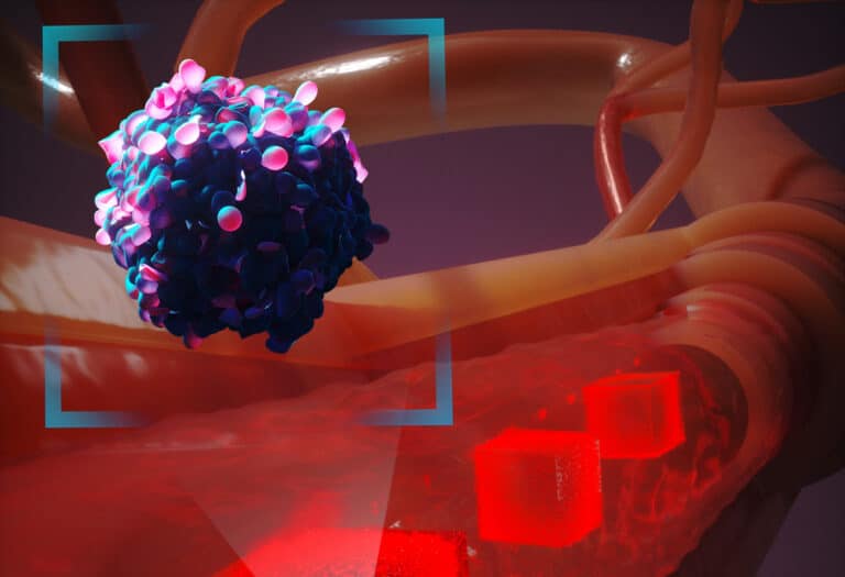 artistic graphic of cancer cell outside of a blood vessel with cubes outline within