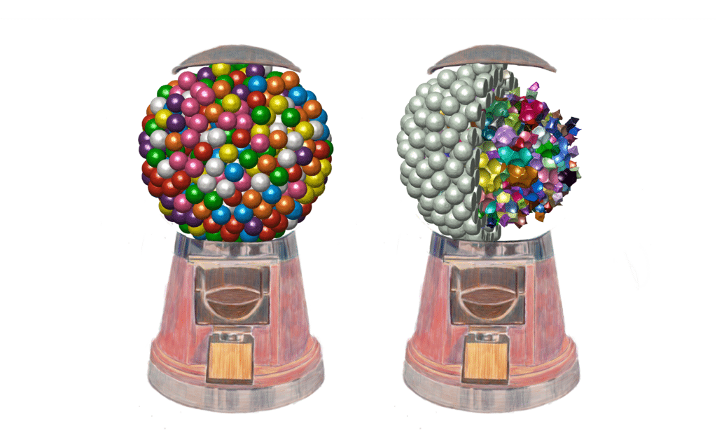 Two illustrations of gumball machines. One on the left is normal, the one on the right shows a peeled away view of ball interiors and negative spaces within.
