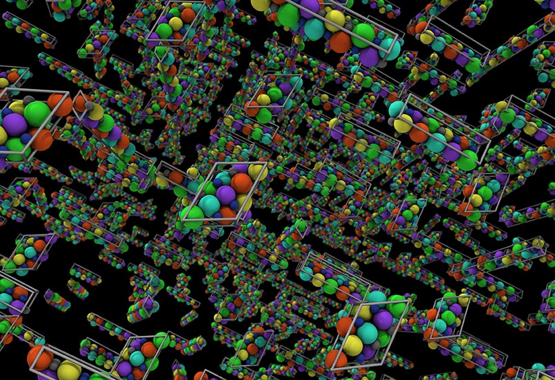 rows and rows of graphic 3D lines forming boxes with different colored spheres inside
