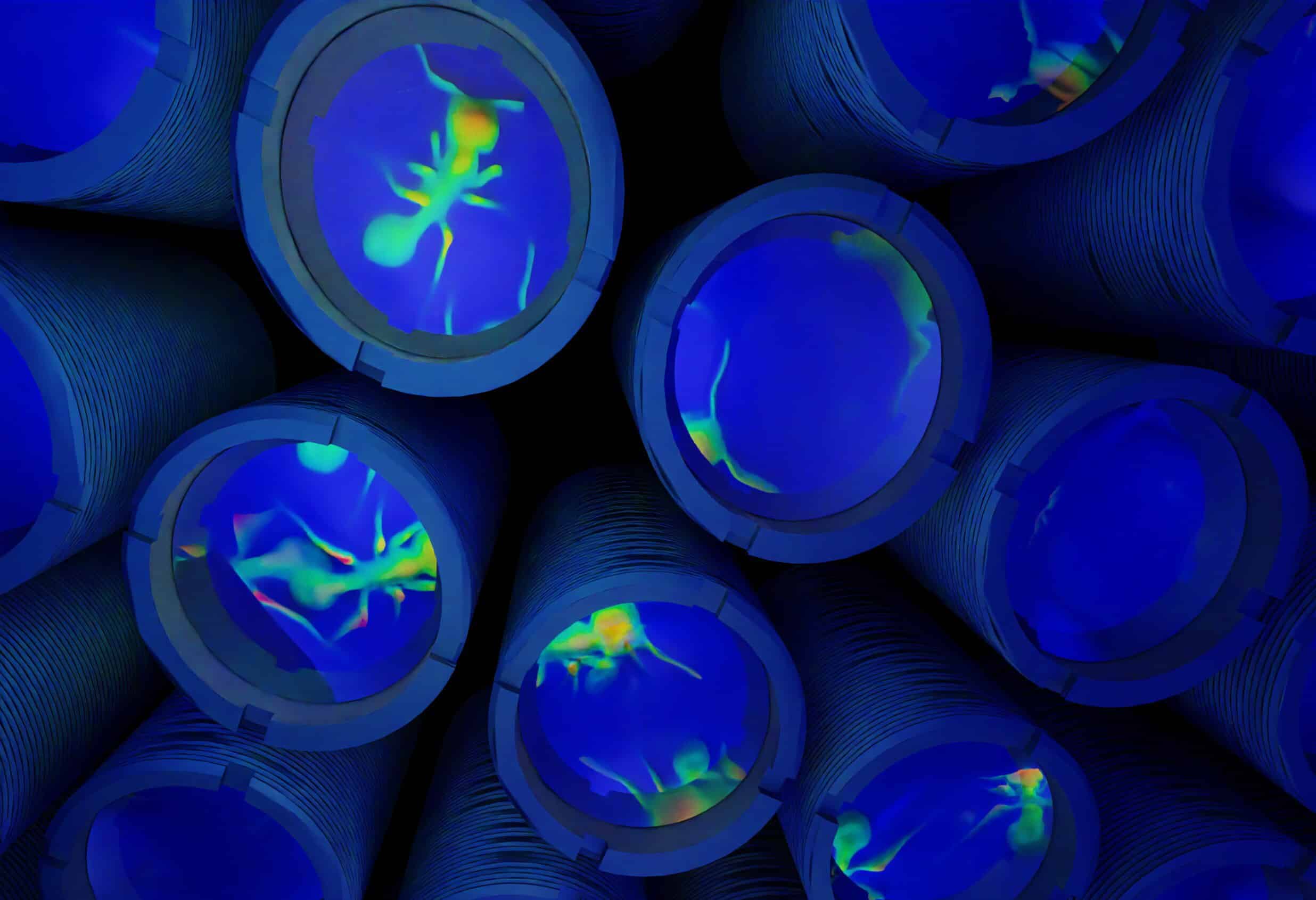 a closeup of a half dozen blue camera lenses all pushed together with reflections of colorful ant shapes in them