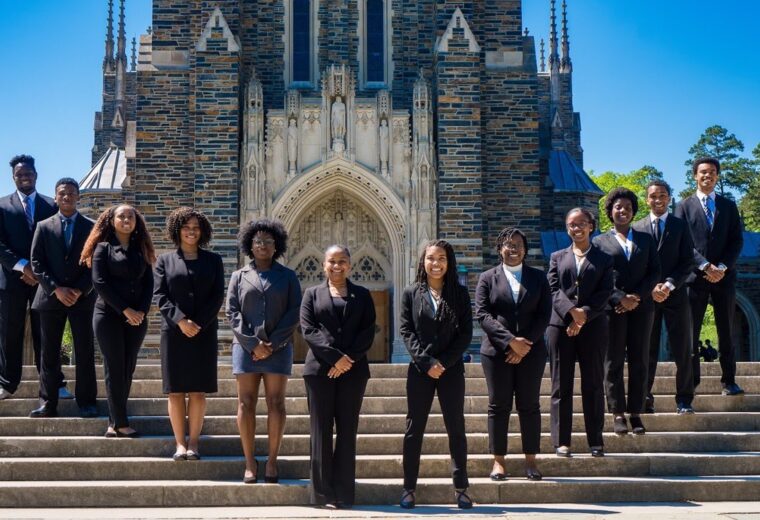 Group photo of Duke NSBE members in front of the chapel