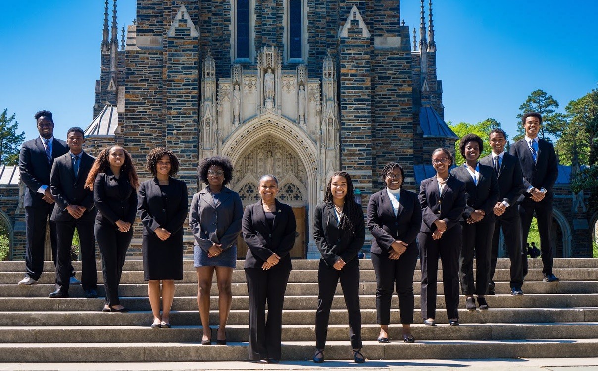 Group photo of Duke NSBE members in front of the chapel