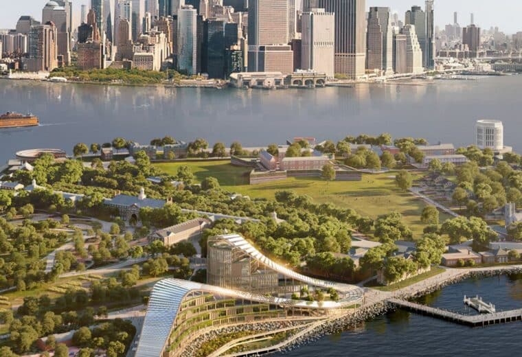 Architectural rendering from the air south east of Governors Island, showing the proposed Climate Exchange in the foreground and the lower Manhattan skyline in the distance.