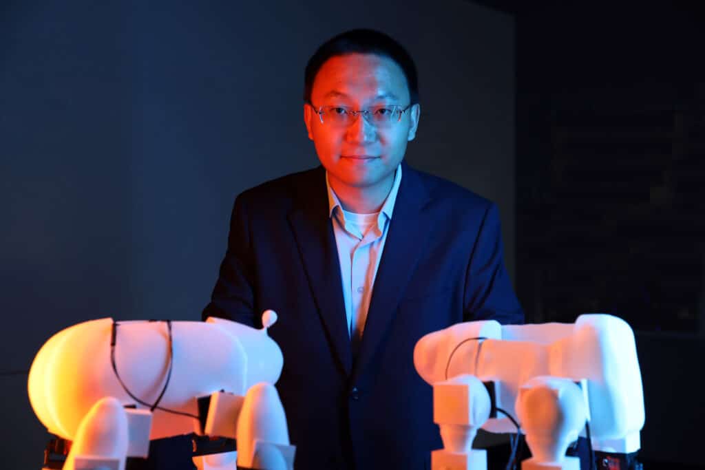 Boyuan Chen is photographed in the North Building for the IO Magazine story on the future of robotics in education. The photos feature Boyuan Chen's Duke Robotics lab and some of his different robot projects.