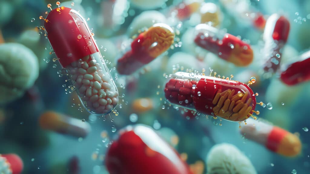 AI generated image of individual bacteria that look like pill capsules