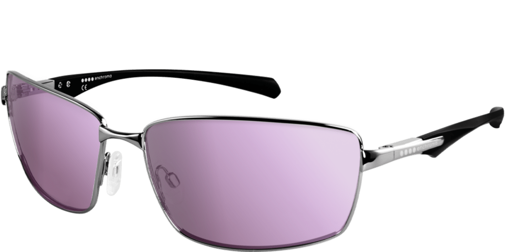 A frame of glasses with lenses with a slightly purple tint