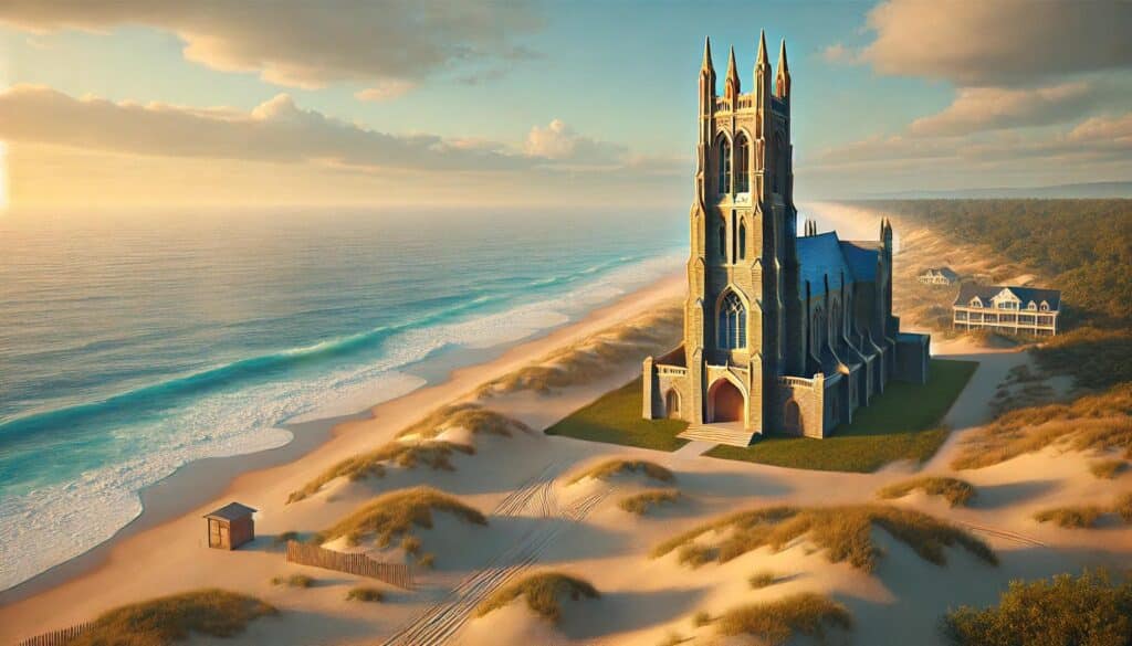DALLE artificial intelligence generated image of the Duke Chapel on the beach of the Outer Banks.