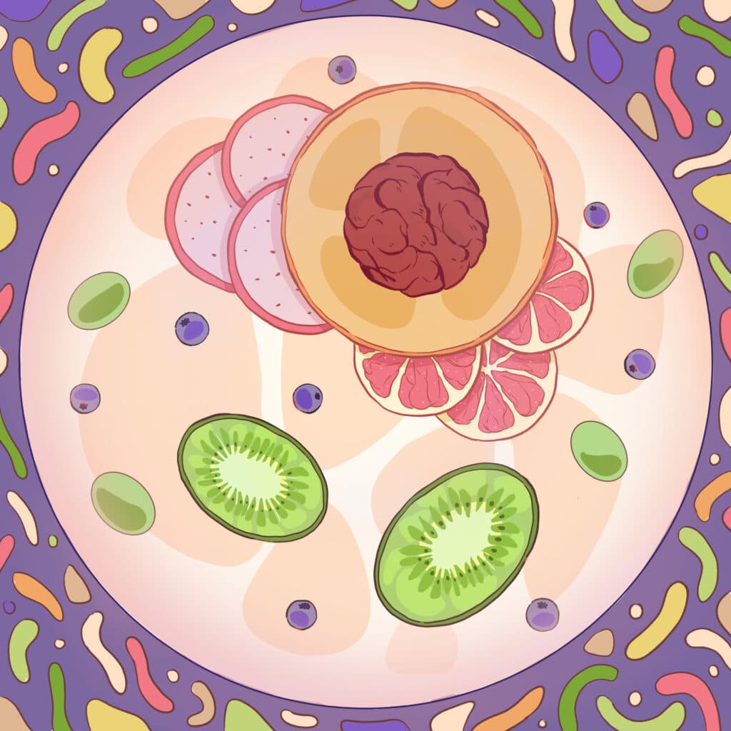 Artistic illustration of fruit inside a cell