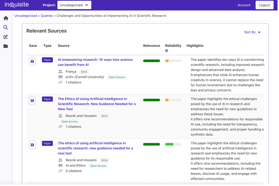 Screenshot of the Inquisite browser-based platform. Lists three AI education articles ranked with a short synopsis highlight.