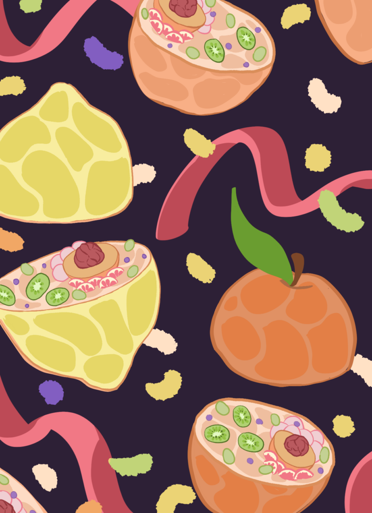 Artistic illustration of fruit and cells