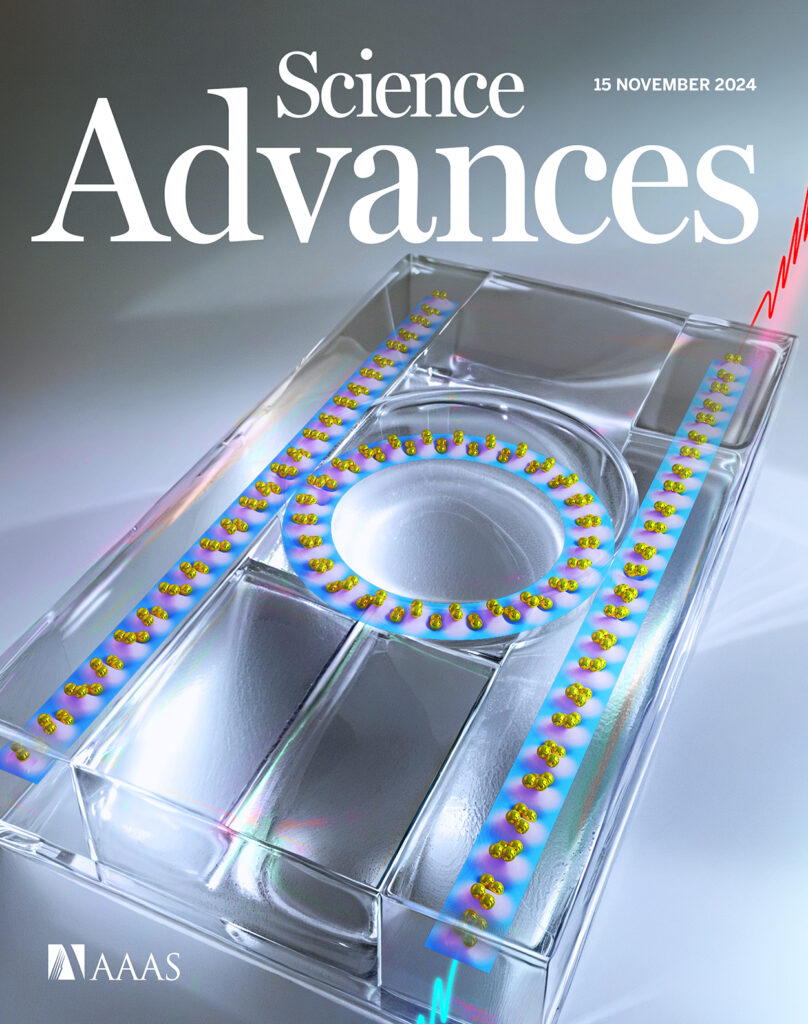 Cover of Science Advances showing a clear rectangular device with blue/pink overlays along two side channels and a central ring