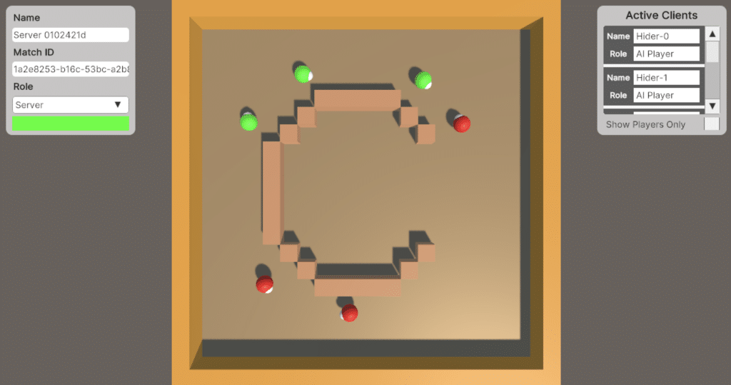 A computer game featuring a large enclosed square with a raised "C" in the center and multiple green and red balls chasing each other