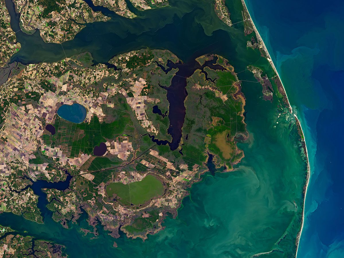 satellite image of Albemarle and Pamlico sounds and the Outer Banks in North Carolina