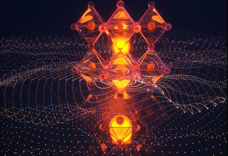 Perovskites show superfluorescence—quantum coherence from solitons—emerging at high temperatures. Image: Ella Maru Studios