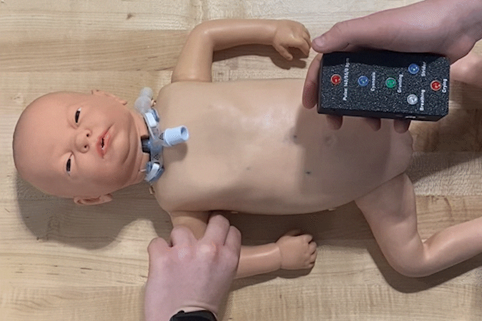 A person placing two fingers under the right armpit of a baby manikin, while pressing a button on a remote control in their other hand.