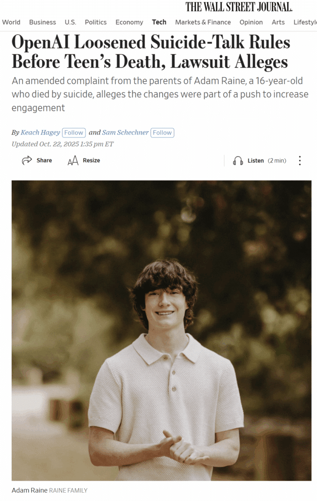 a screenshot of a Wall Street Journal article about a lawsuit against ChatGPT alleging their AI helped a 16-year-old commit suicide