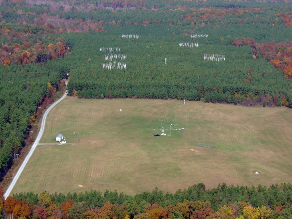 a high-elevation view of a forest and fields