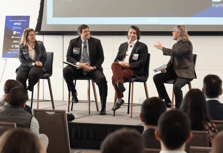 Jimmie Lenz, executive director of the FinTech master's program, leads an industry panel at the Digital Assets at Duke conference in 2024.