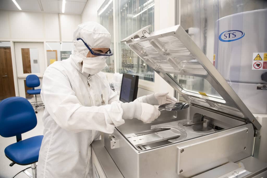 Aditi Dighe, PhD candidate in Electrical and Computer Engineering, works on a research project in the clean room of The Shared Materials Instrumentation Facility (SMIF)