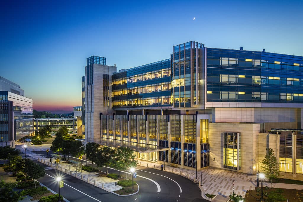 exterior view of Duke Medicine Pavilion in the evening