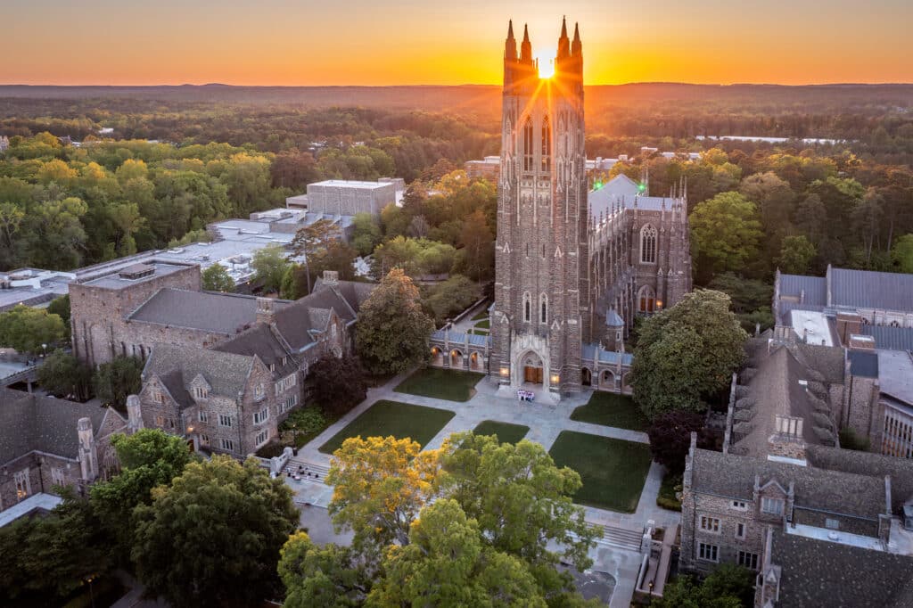 sunset behind Duke Chapel on Earth Day