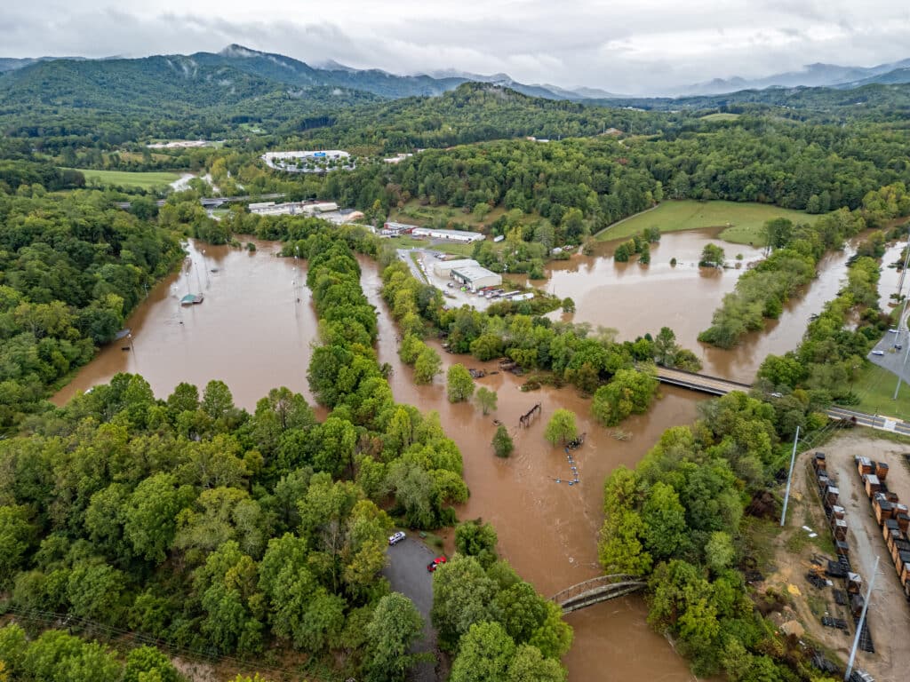 aerial view of flooding from Hurricane Helen in the mountains of western North Carolina