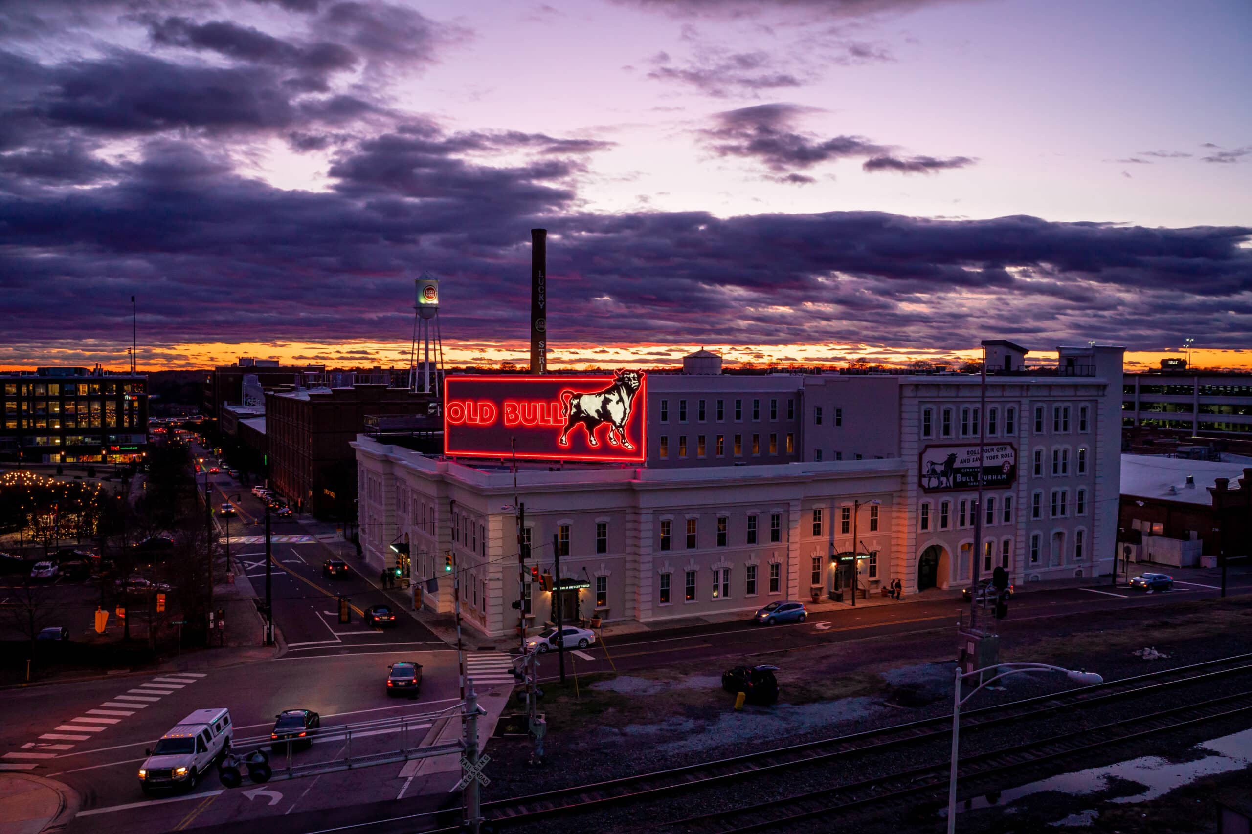 Aerial view of downtown Durham, North Carolina at dusk. Photo courtesy of Discover Durham.