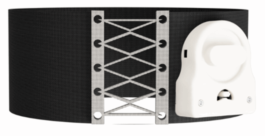 a thick black belt tied together with grey string with a white attachement