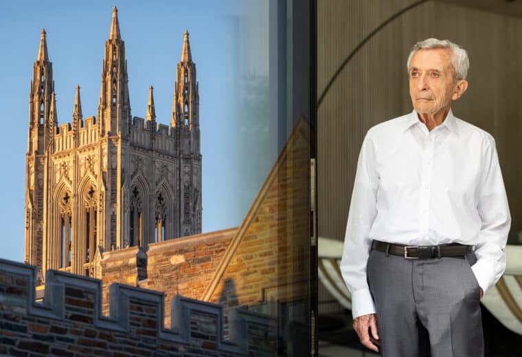iconic view of Duke Chapel tower with portrait of Pierre R. Lamond
