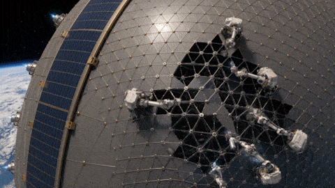 a moving gif showing animations of small robots building a large sphere in space