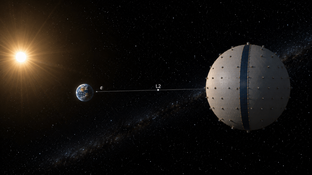 Illustration of the Sun, Earth, and a large spherical space structure aligned along the Sun–Earth L2 point, labeled “L2,” against a star-filled background.