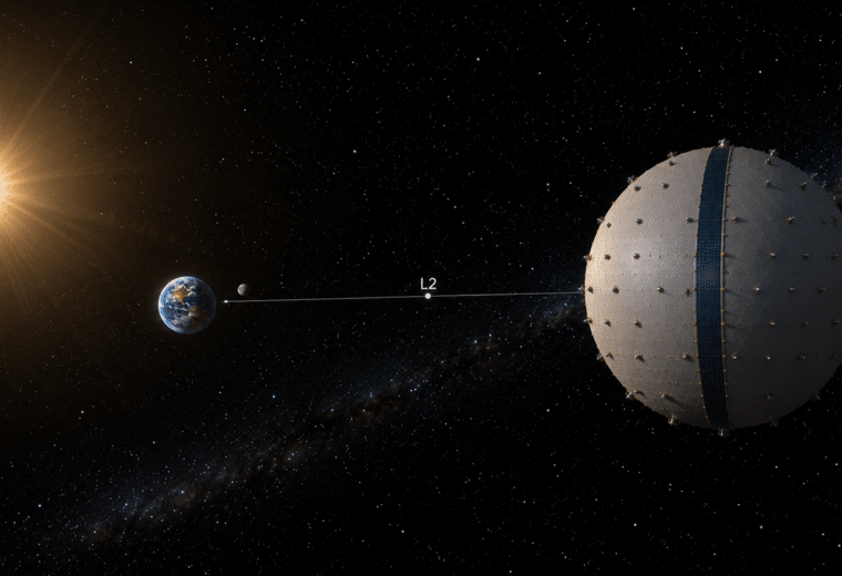 Illustration of the Sun, Earth, and a large spherical space structure aligned along the Sun–Earth L2 point, labeled “L2,” against a star-filled background.