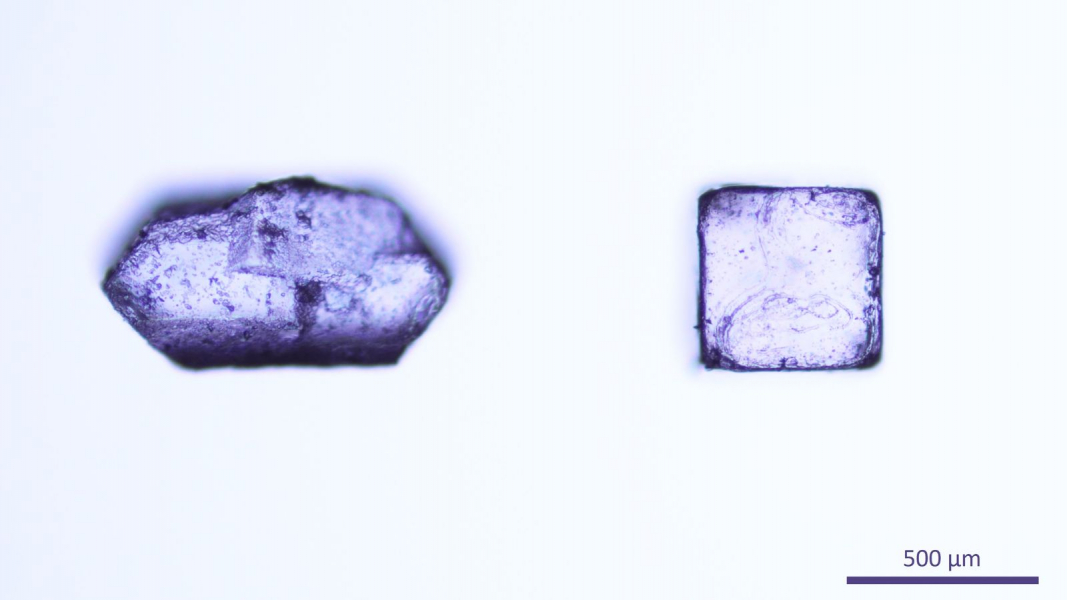 A salt crystal next to a sugar crystal
