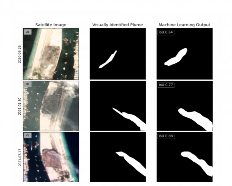 A figure showing satellite images of smoke plumes and the corresponding identifications by humans and AI tool