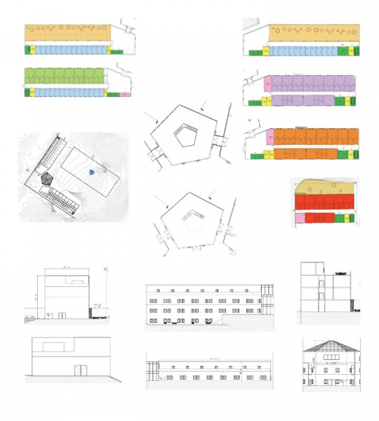 Details from a project poster, including building layouts and finishes