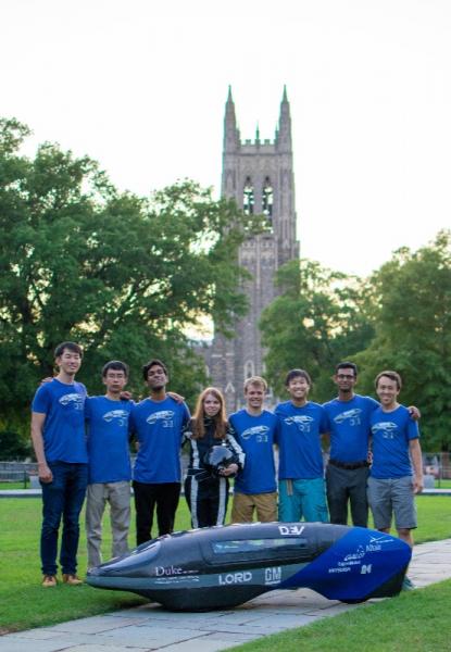 Members of DEV team with car in front of Duke Chapel 
